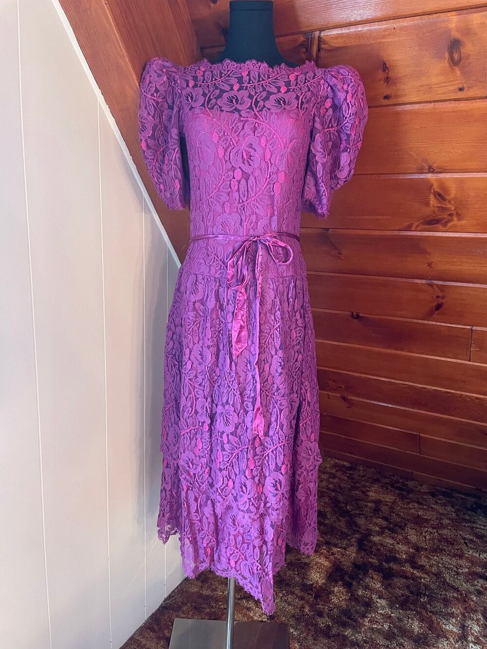 VTG 80s Purple Lace Drop Waist Lace Dress Prom Dress Party Dress Puff Sleeve